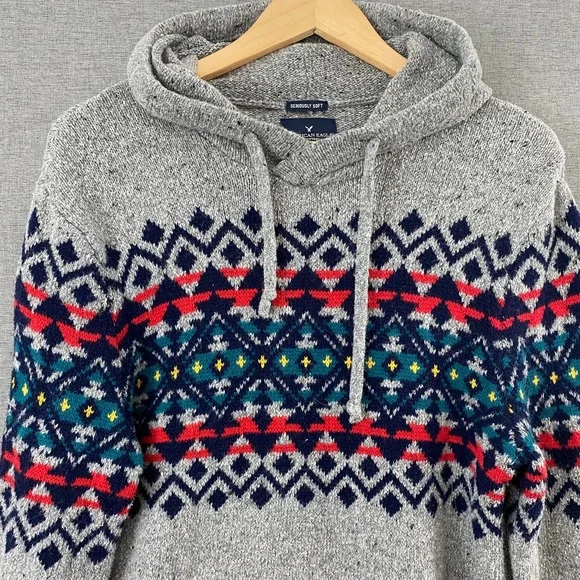 American Eagle Womens Fair Isle Hoodie Sweater Seriously Soft Size Medium - Picture 2 of 9